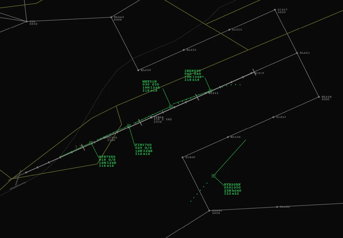 VoiceATC Simulator radar display showing approach traffic into Barcelona (LEBL)